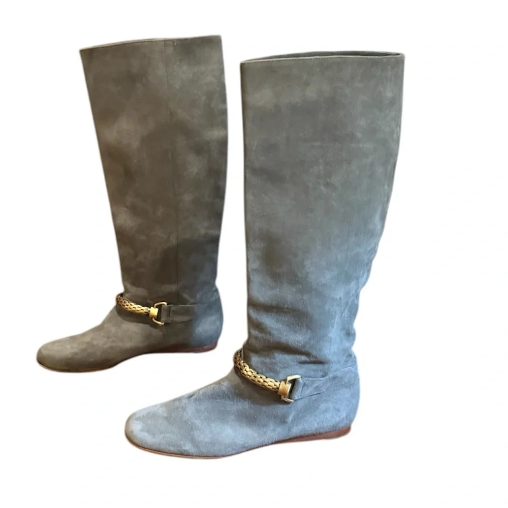 Vintage Y2K Botkier Grey Suede Knee high boots w/Gold Chain Size 37.5/7 $398
